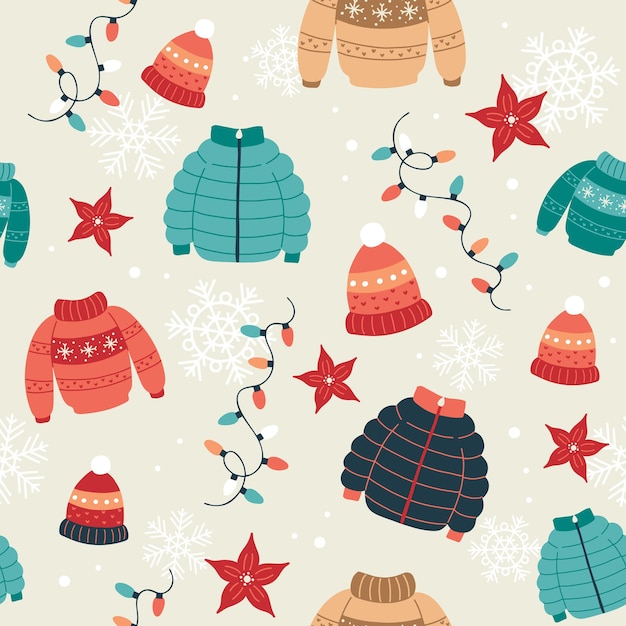 Patrón navideño con suéteres, abrigos de invierno, sombreros y luces. Fondo festivo con elementos dibujados a mano, ilustración vectorial