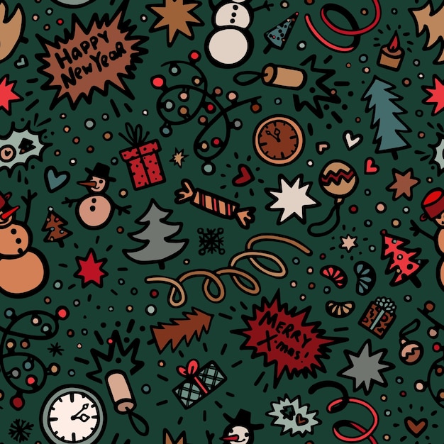Patrón navideño vectorial sin costuras con elementos festivos sobre un fondo verde