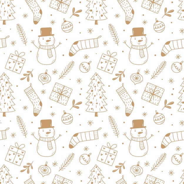 Vector patrón navideño vectorial sin costuras con regalos juguetes muñecos de nieve calcetines y árboles de navidad dibujados en estilo doodle