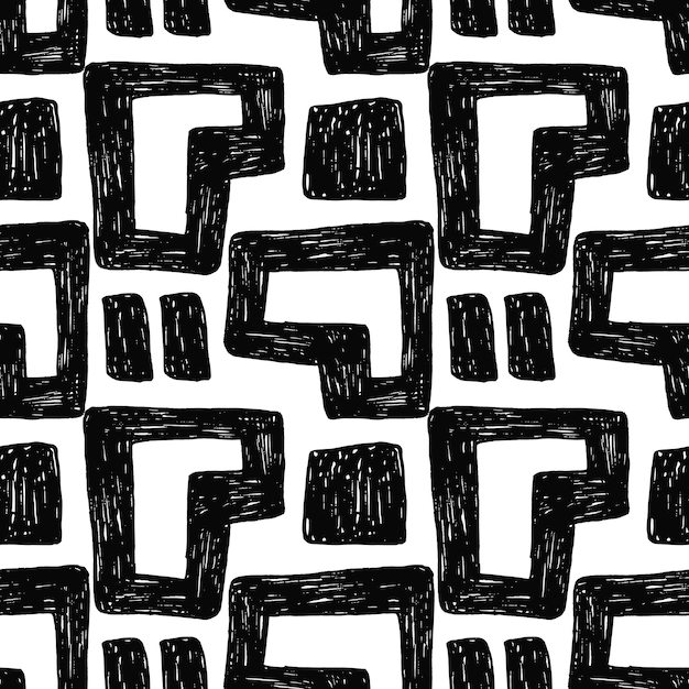 Patrón negro sin costuras con formas geométricas extrañas y audaces en el estilo de dibujo de lápiz de colores de moda