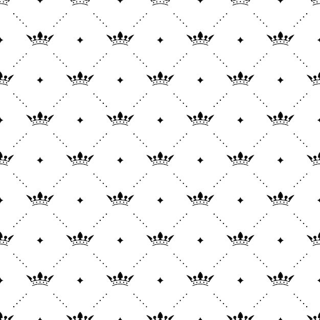 Patrón negro transparente con coronas de rey sobre un fondo blanco. Ilustración vectorial
