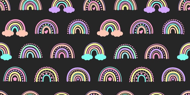 Patrón de niños con arco iris en fondo negro Patrón sin costuras de arcoiris en estilo retro Cutio