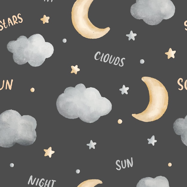 Patrón de niños de bebé recién nacido acuarela transparente con nube de luna y estrella