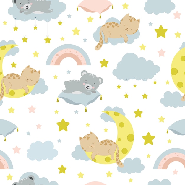 Patrón de niños sin costuras con gato oso nubes luna y estrellas textura de niños creativos para envolver ropa de papel tapiz textil