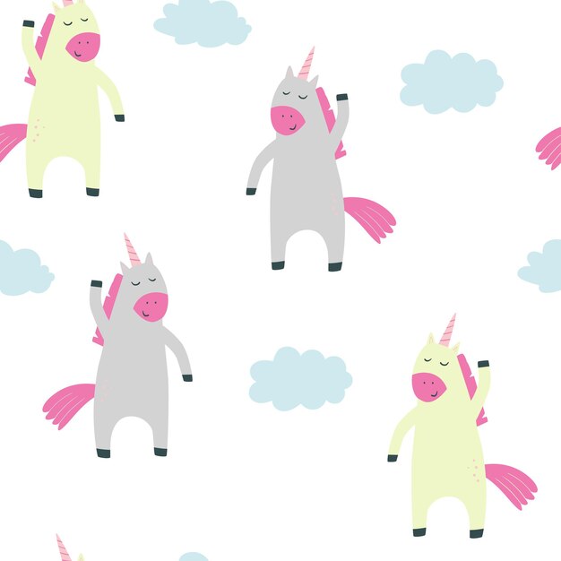 Patrón para niños con nubes de unicornios patrón transparente de vector para niños