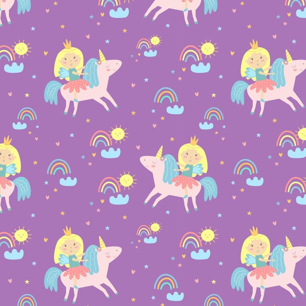 Patrón para niños Princesa linda y unicornio para niños Ilustración impresa y tela plantilla de ilustración vectorial