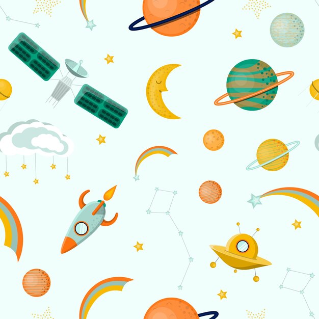 Patrón de objetos espaciales estrellas planetas satélites ilustración vectorial plana