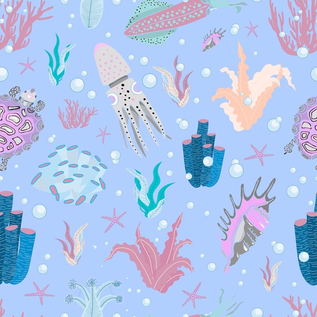 Patrón oceánico de algas Patrón floral de verano Diseño de verano FONDO DE LUZ AZUL