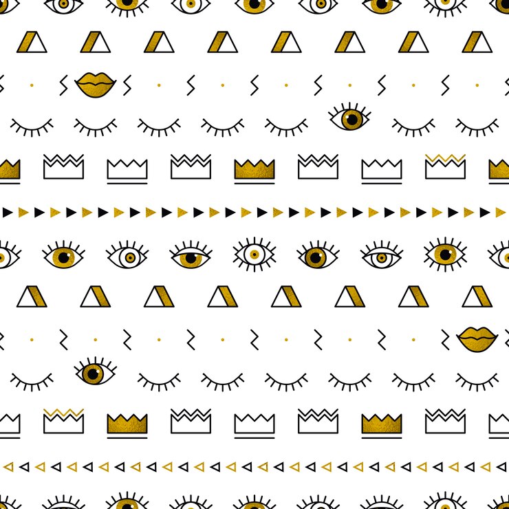 Vector patrón de ojos dorados con formas geométricas en el estilo de memphis.
