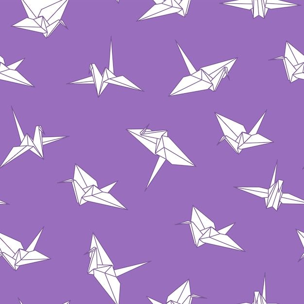 Patrón de origami sin costura vectorial con pájaros de papel de dibujo Fondo violeta decorativo