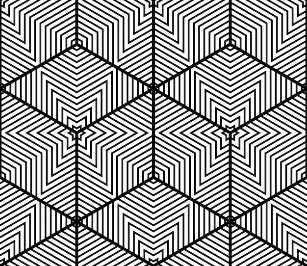 Patrón ornamental óptico sin inconvenientes con figuras geométricas tridimensionales. Entrelazar composición en blanco y negro.