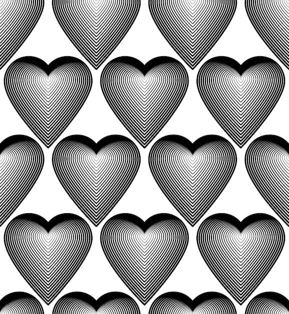 Patrón ornamental vectorial en blanco y negro, fondo de arte impecable decorado con líneas monocromáticas y hermosos corazones románticos, mejor para diseño gráfico y web.