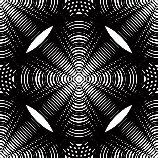 Patrón ornamental vectorial en blanco y negro, fondo de arte transparente decorado con líneas monocromáticas, mejor para diseño gráfico y web. Efecto de caleidoscopio adornado sin fin.