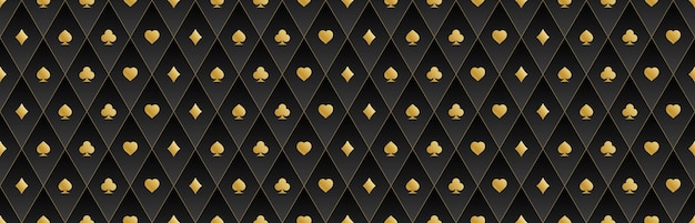 Patrón de oro transparente sobre un fondo negro con juegos de cartas Fondo para publicidad de casino de juego