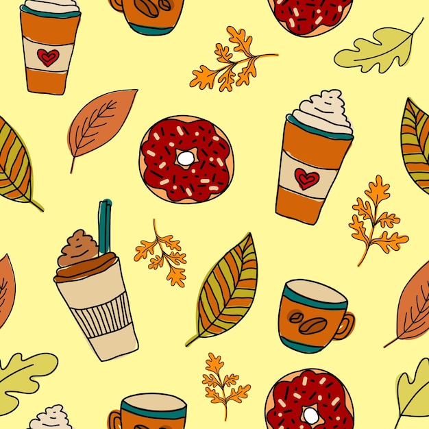 Patrón de otoño acogedor sin costuras. Taza de té o café, velas y hojas. Ilustración de vector colorido de fideos. Envoltura o impresión para tela, papel, cubierta. ilustración vectorial