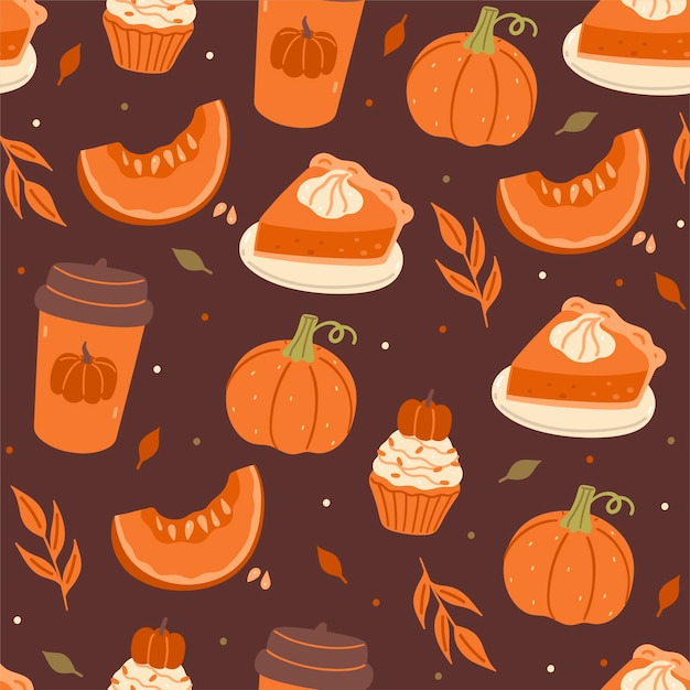 Patrón de otoño sin costuras con calabazas, alimentos y bebidas, imagen vectorial