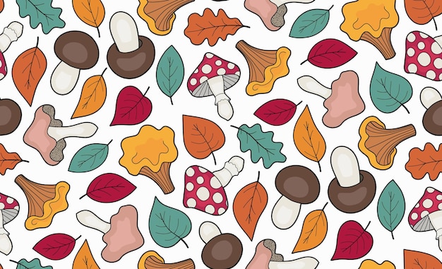 Patrón de otoño sin costuras con champiñones y hojas