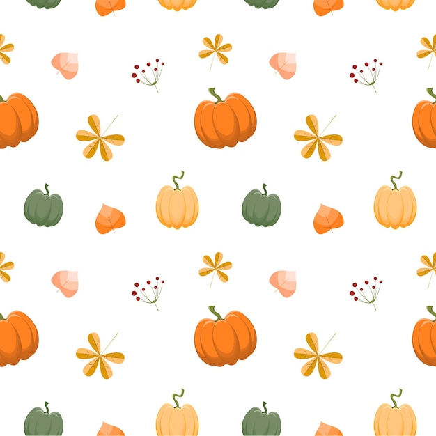 Patrón de otoño sin costuras con hojas de calabaza y bayas Fondo vectorial en estilo plano