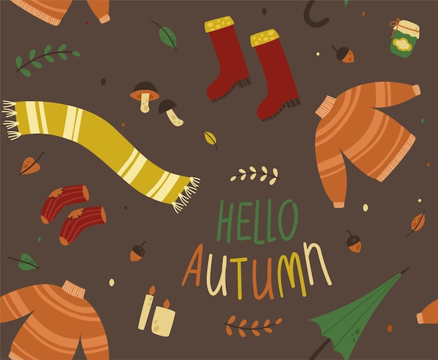Patrón de otoño sin costuras Ilustración de tema vectorial Composición de ropa de abrigo y hojas de otoño