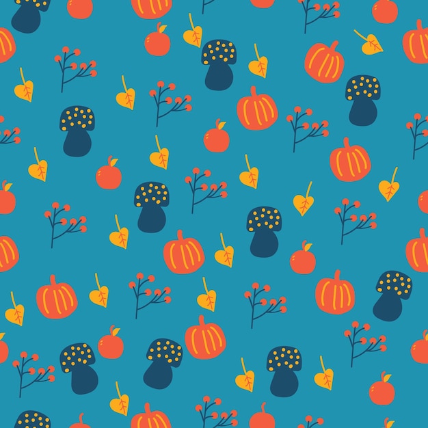 Patrón de otoño sin costuras para niños con una calabaza y un hongo sobre un fondo azul