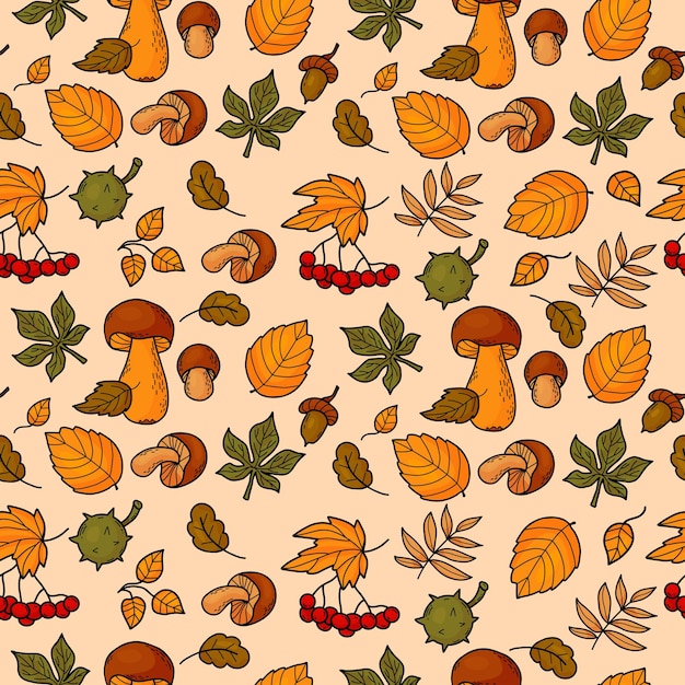 Patrón de otoño sin costuras Setas del bosque bayas racimos de bellotas de serbal castañas con hojas que caen