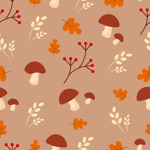 Patrón de otoño sin costuras con setas y hojas sobre un fondo beige