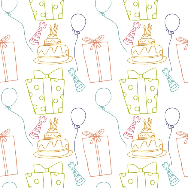 Patrón de otoño de cumpleaños sin costuras con caja de regalo de globo de pastel diseño gráfico de ilustración vectorial