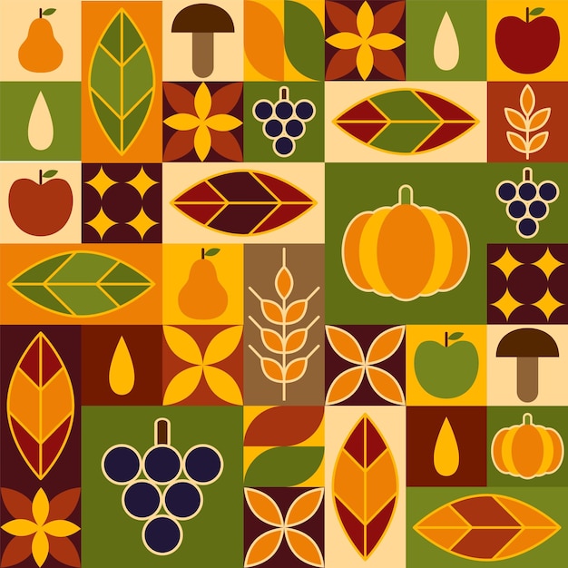 Patrón de otoño en estilo geométrico bauhaus Elementos naturales en formas geométricas simples estilo plano Bueno para plantillas de otoño diseño de portada Vector
