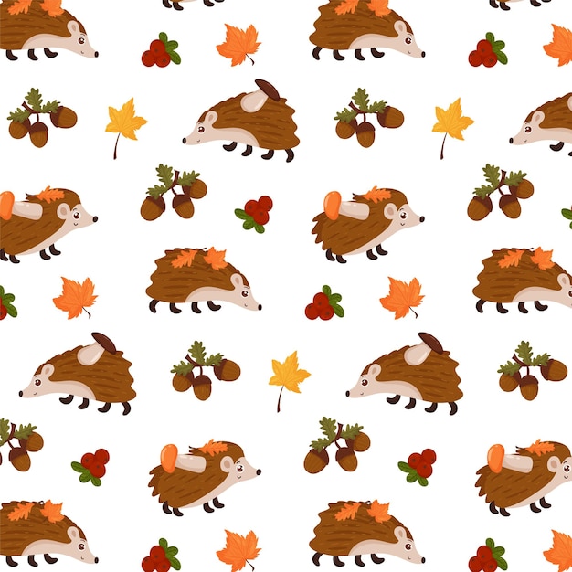 Patrón de otoño sin fisuras con hojas, erizo, setas y arándanos rojos. Ideal para decorar habitaciones infantiles, textiles y tejidos. Vector, estilo de dibujos animados.