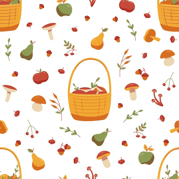 Patrón de otoño sin fisuras con setas, bellotas, bayas, manzanas y peras. ilustración vectorial.