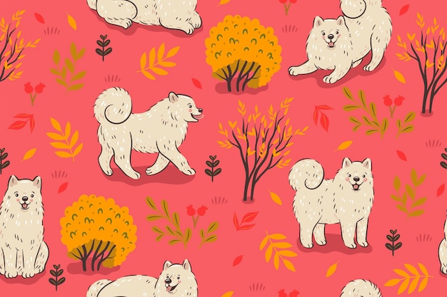 Patrón de otoño sin inconvenientes con perros samoyedos blancos.