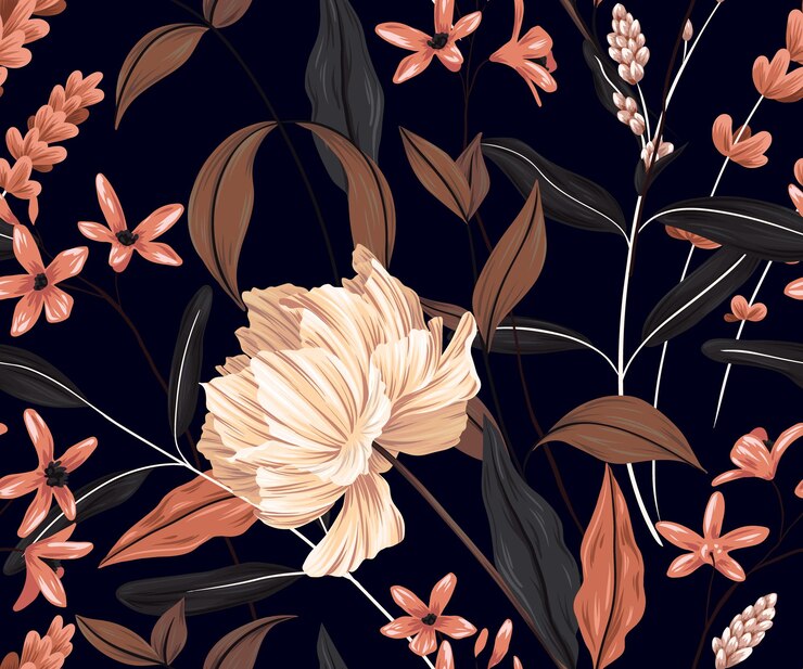 Patrón de otoño vintage con flores secas. Composición abstracta de flores blancas, hojas secas, varias ramitas sobre un fondo oscuro. Patrón floral transparente con diseños interesantes en vector.
