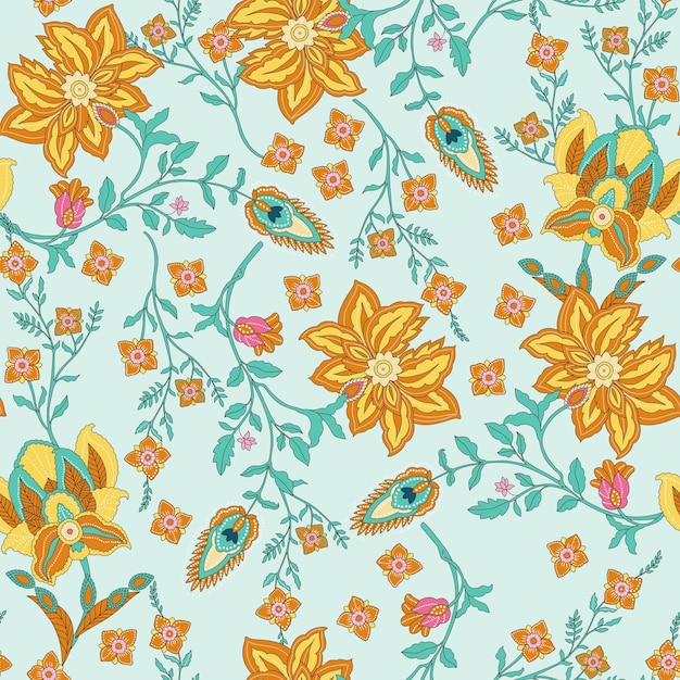 Patrón de paisley floral étnico aislado por vectores en un fondo azul
