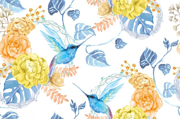 Patrón de pájaro y flores florecientes con acuarela para tela y papel tapiz.Fondo botánico