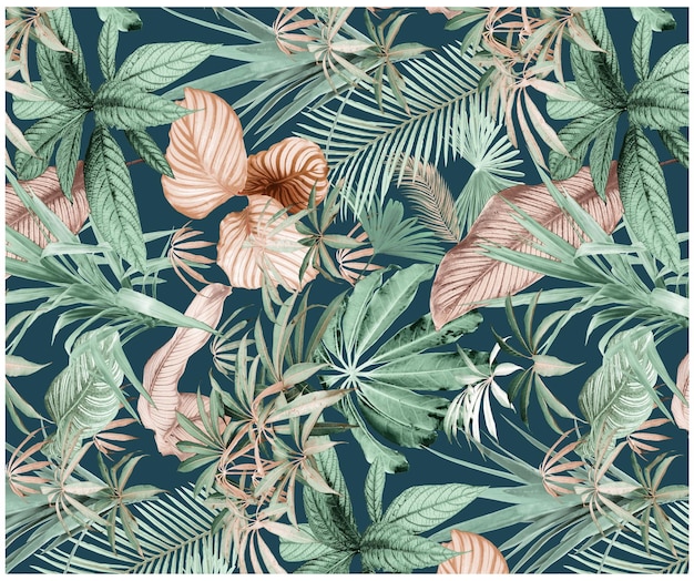 Un patrón de palmeras con flores rosas y naranjas.