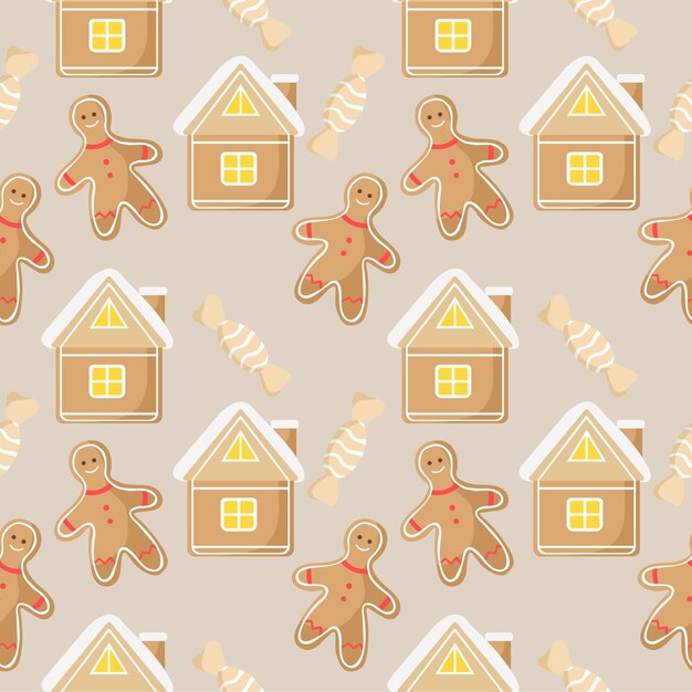 Patrón de pan de jengibre y dulces. Ilustración de dibujos animados. Invierno. Galleta. Tradicional. Textura vectorial.