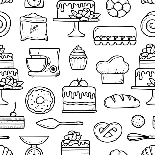 Patrón de panadería y postre en patrón sin costuras de estilo lineal de moda con lineal