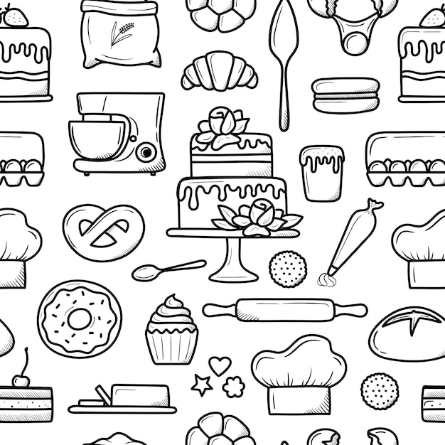 Patrón de panadería y postre en patrón sin costuras de estilo lineal de moda con