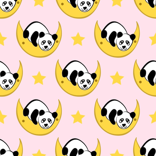 Patrón de panda sobre fondo rosa con vector de luna creciente y estrellas