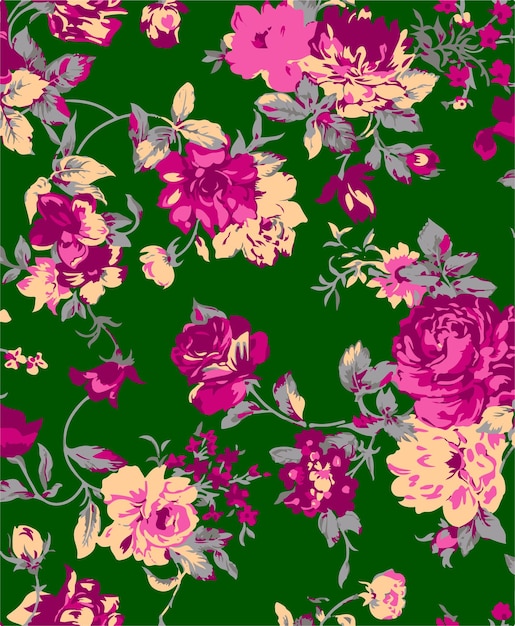 Patrón de papel tapiz sin costuras de pequeño estampado floral en púrpura apagado y verde salvia en una crema