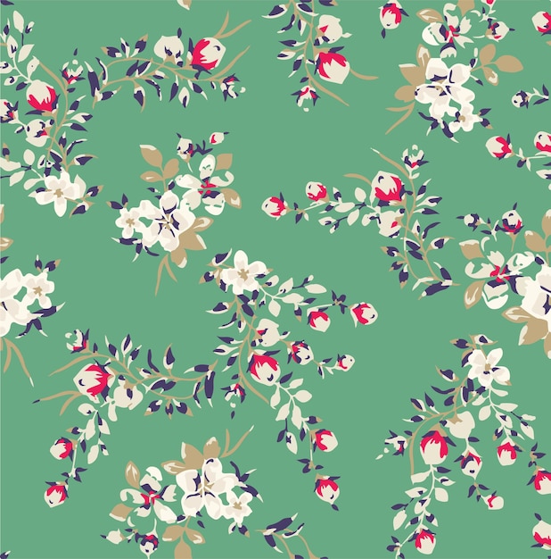Patrón de papel tapiz sin costuras de pequeño estampado floral en púrpura apagado y verde salvia en una crema