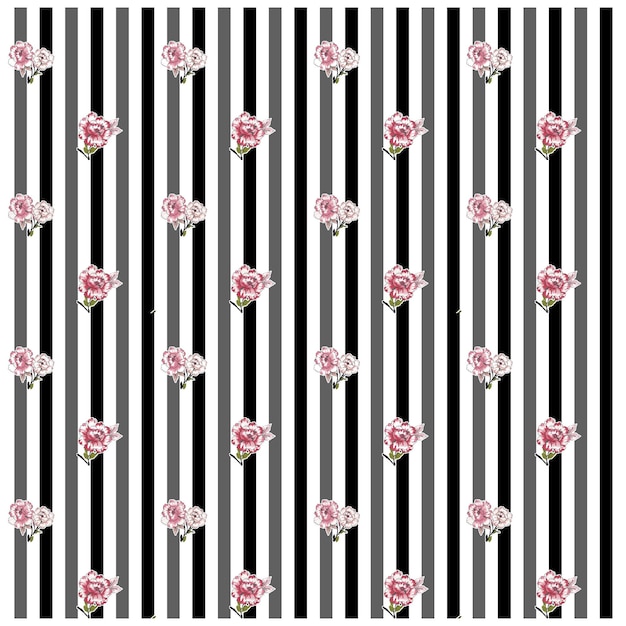 Un patrón de papel tapiz a rayas en blanco y negro con una flor en blanco y negro.