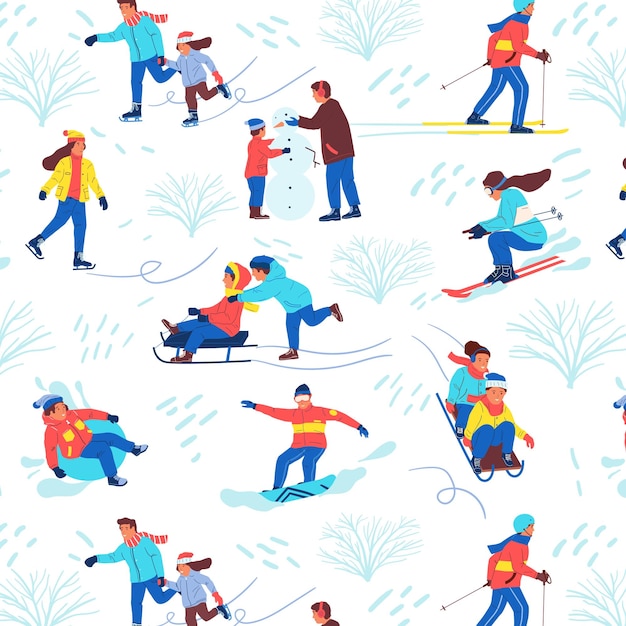 Patrón de parque de invierno textura transparente de personas de dibujos animados jugando juegos deportivos hombres y mujeres esquiando y haciendo snowboard o patinando niños en trineo y haciendo fondo de vector de muñeco de nieve