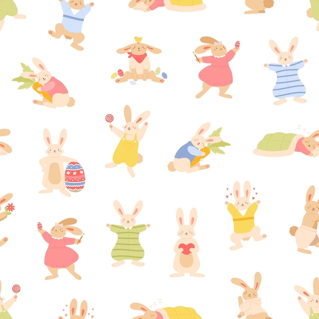 Patrón de pascua sin costuras con conejitos y conejos lindos en fondo blanco textura festiva de primavera repetible diseño sin fin con personajes de bebés ilustración vectorial plana de colores dibujada a mano