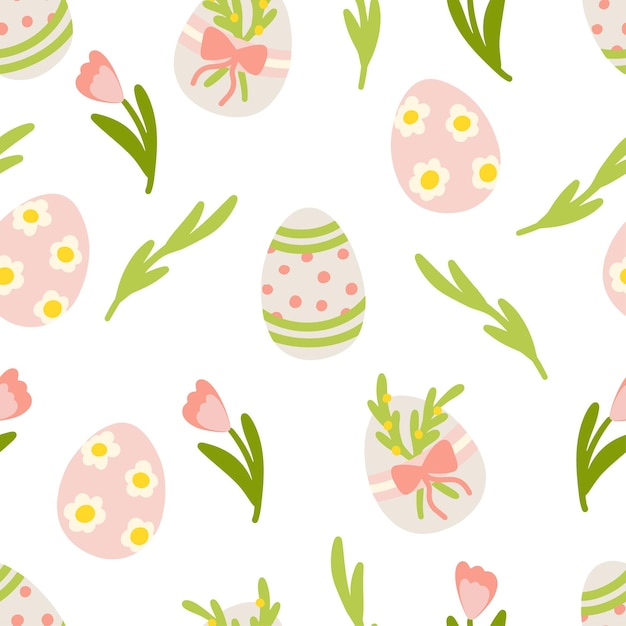 Patrón de Pascua sin costuras con huevos decorados, flores y vegetación