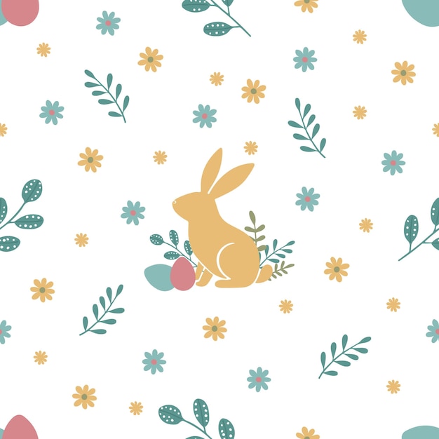 Patrón de Pascua sin costuras con huevos de Pascua de conejo, ramas verdes y flores sobre fondo blanco