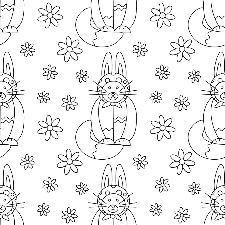 Vector patrón de pascua con un gato con flores de orejas de conejo