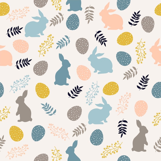 Patrón de Pascua con huevos, conejitos y flores en colores pastel, perfecta relación para su diseño