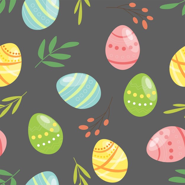 Patrón de Pascua con huevos y hojas verdes Ilustración de dibujos animados vectoriales
