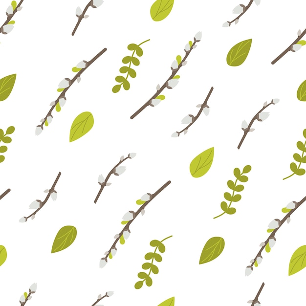 Patrón de Pascua con sauce y hojas sobre un fondo blanco Ilustración vectorial en un estilo plano